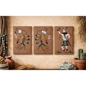Vintage Southwestern Sand Art Plaques Signed Set of 3 Yei Figures Kokopelli